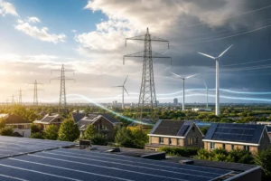 Windturbines, zonnepanelen en hoogspanningsmasten in een Nederlands elektriciteitslandschap.