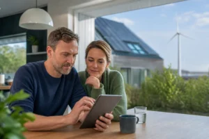 Huishouden bekijkt informatie over de elektriciteitsprijs op een tablet.