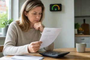 Persoon controleert een energierekening met rekenmachine aan tafel.