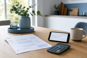 Energieoverzicht met energierekening, rekenmachine en smartphone met neutrale prijsgrafiek.