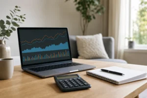 Laptop, rekenmachine en notitieblok bij het vergelijken van energieprijzen.