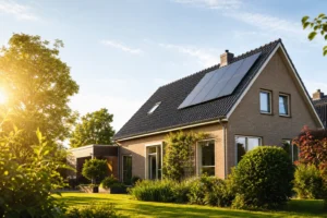 Woonhuis met zonnepanelen op een zonnige zomerdag