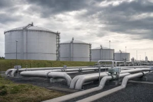 Gasopslaginstallatie met metalen opslagtanks en leidingen.