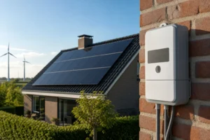 Woonhuis met zonnepanelen en slimme energiemeter als illustratie bij negatieve stroomprijzen.
