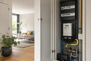 Meterkast met elektriciteitsmeter en technische aansluitingen voor het energienet.