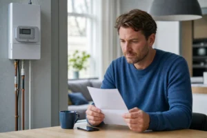 Persoon bekijkt een energierekening naast een gasmeter om de prijs per m3 gas te controleren.