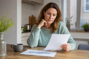 Persoon bekijkt een energierekening en energieverbruik aan de keukentafel.