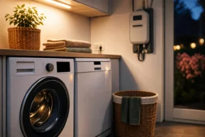 Wasmachine en vaatwasser in een woning als voorbeeld van stroomverbruik dat mogelijk naar daluren kan worden verplaatst.