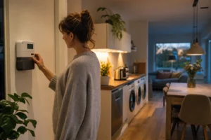 Huishouden controleert elektriciteitsverbruik en stroomtarieven via een energiemeter.