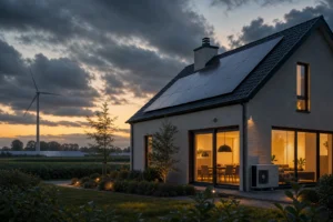Woonhuis met zonnepanelen en windturbine als illustratie van factoren die energieprijzen beïnvloeden.