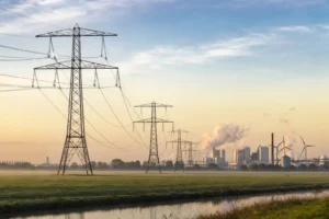Hoogspanningsmasten in een Nederlands landschap als illustratie van verbonden Europese energienetten.