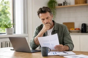 Persoon vergelijkt energietarieven en een energierekening aan de keukentafel.