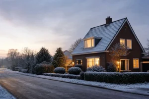 Woonhuis in de winter met warme verlichting als illustratie bij energietarieven in de winter.