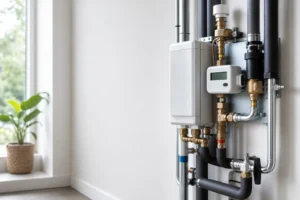 Afleverset en warmtemeter van een woning die is aangesloten op een warmtenet.